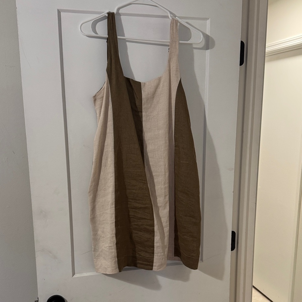 Two-Tone Brown and Cream Maternity Linen Dress with Pockets